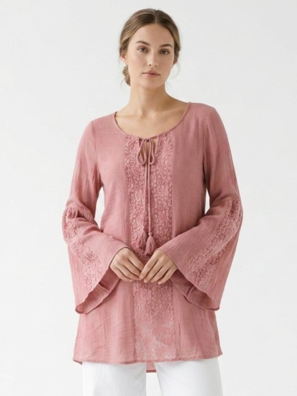 Comme Blouse Pink Floral Lace Boho Festival Tunic S